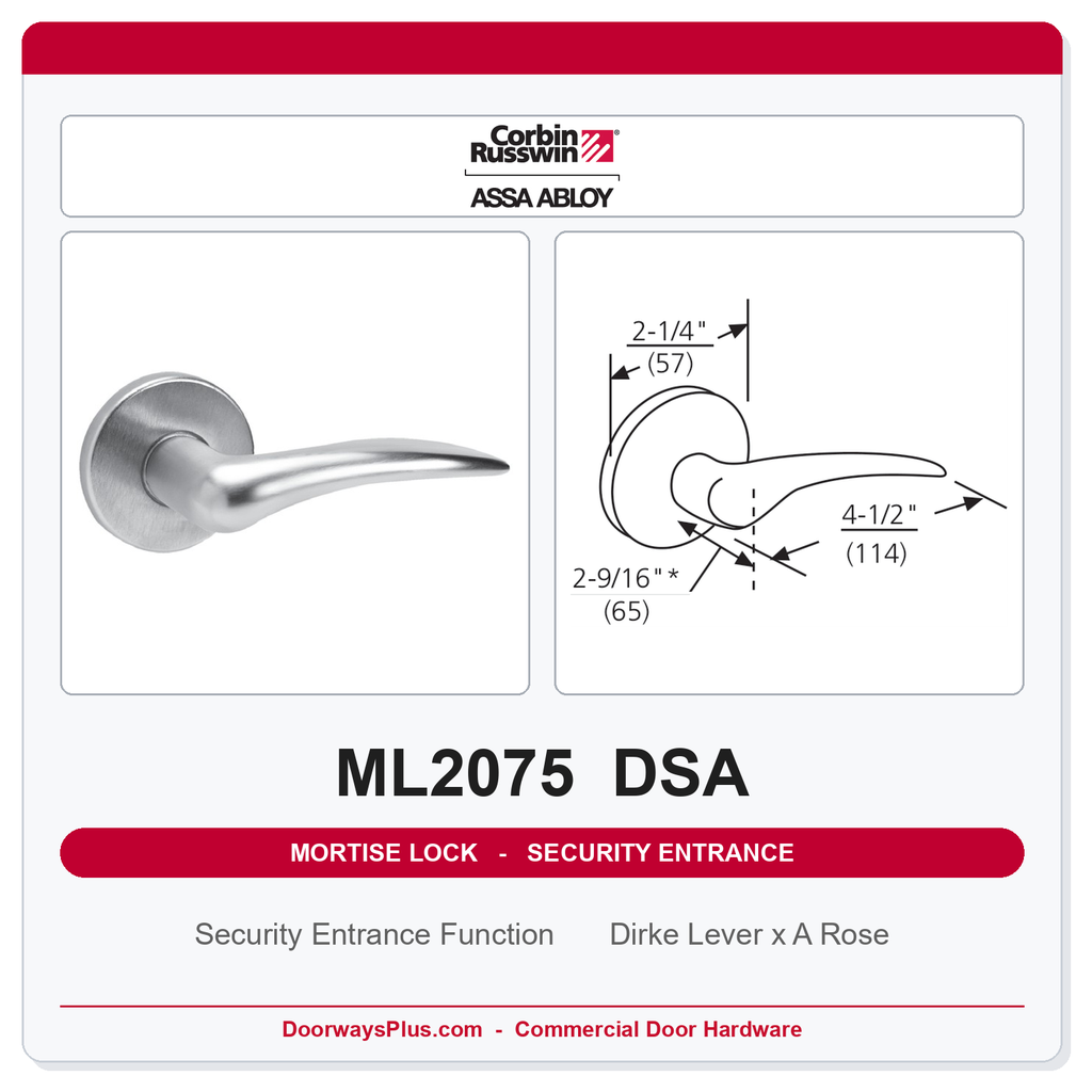 Corbin Russwin ML2075 DSA Security Entrance or Office Mortise Lockset | Grade 1 Commercial