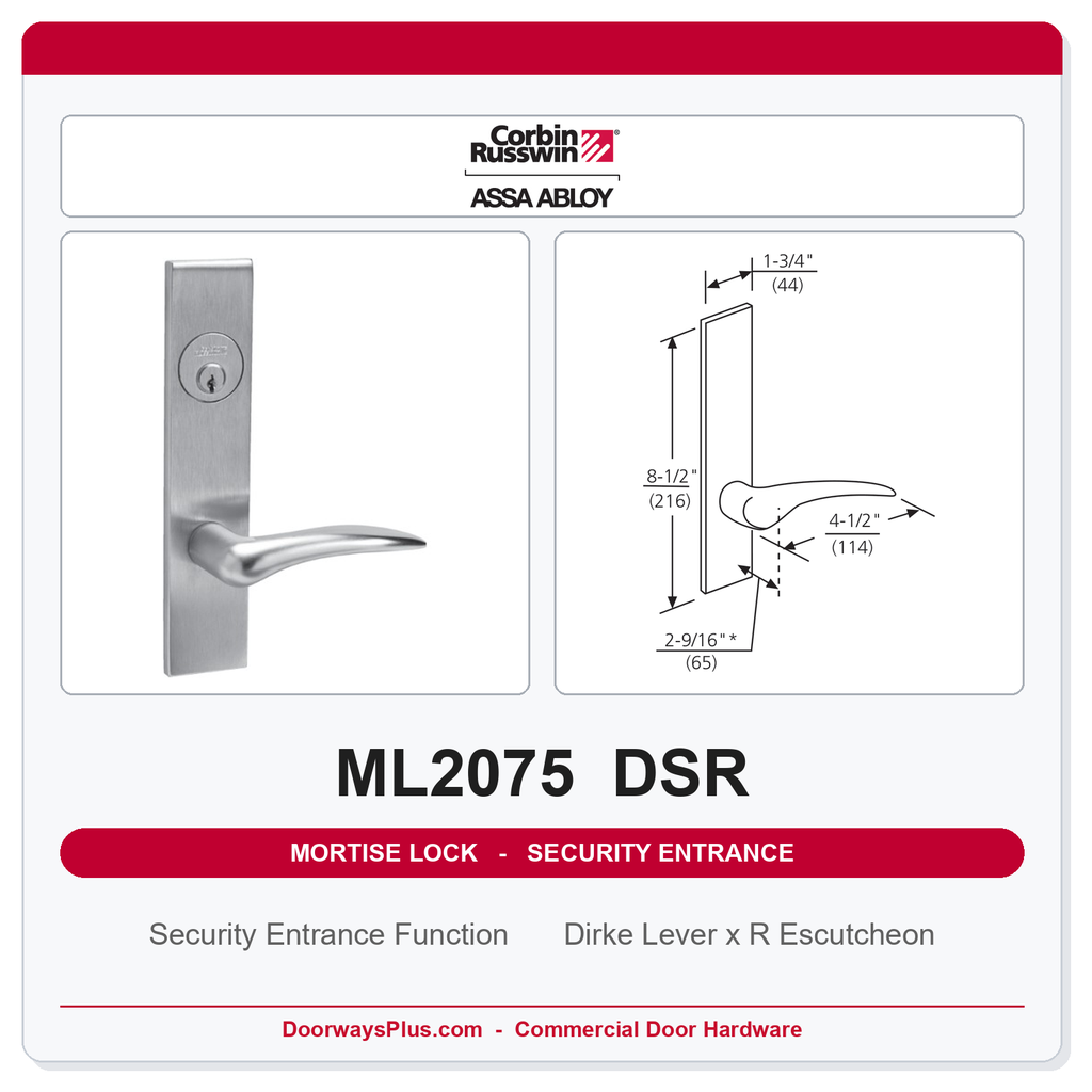 Corbin Russwin ML2075 DSR Security Entrance or Office Mortise Lockset | Grade 1 Commercial