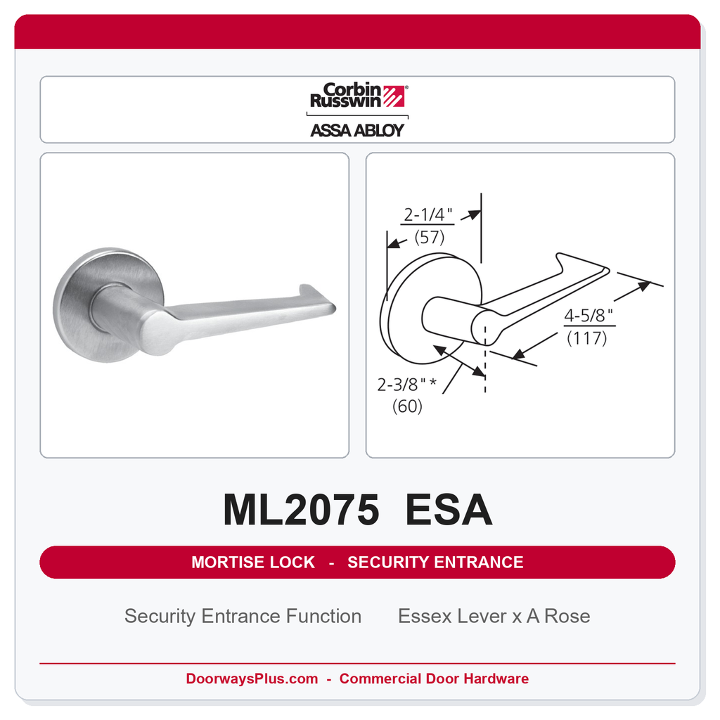 Corbin Russwin ML2075 ESA Security Entrance or Office Mortise Lockset | Grade 1 Commercial
