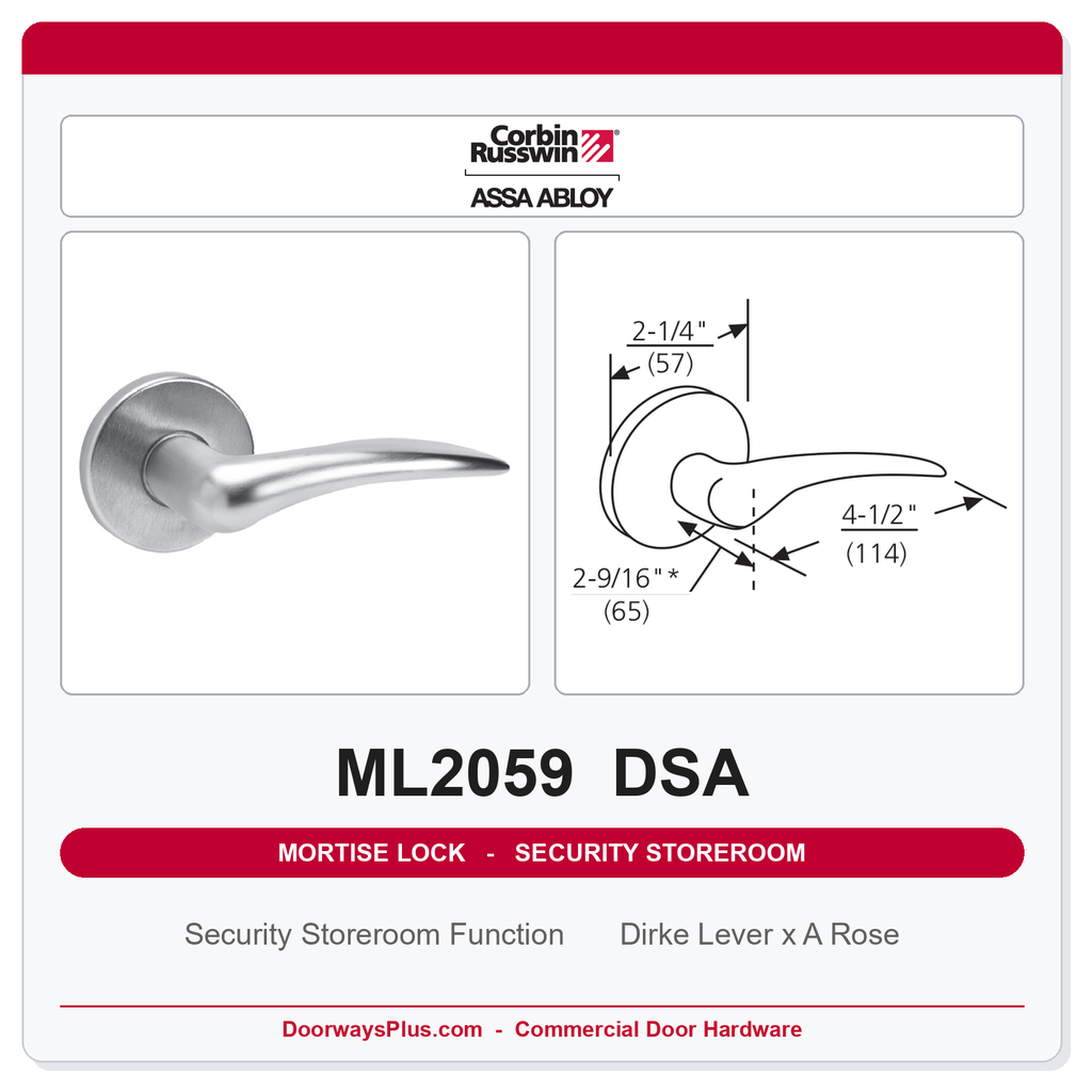 Corbin Russwin ML2059 DSA Security Storeroom or Closet Mortise Lockset | Grade 1 Commercial