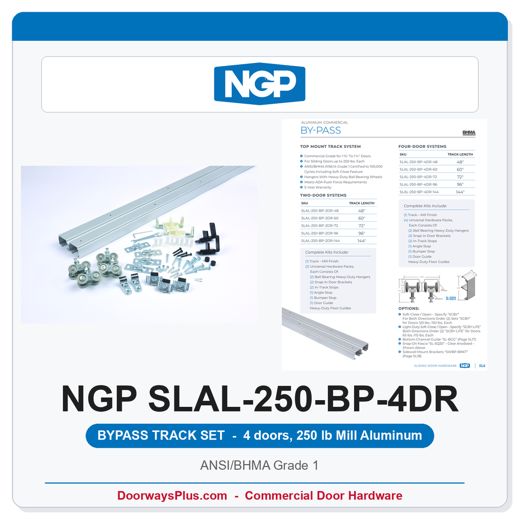 NGP SLAL-250-BP-4DR Aluminum 4-Door By-Pass Track Set | 250 lb | ANSI/BHMA Grade 1 | National Guard