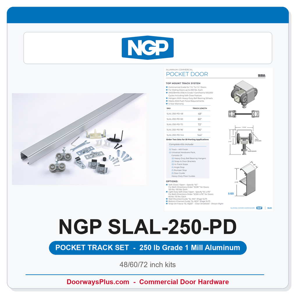 NGP SLAL-250-PD Aluminum Pocket Door Track Set | 250 lb Grade 1 | National Guard