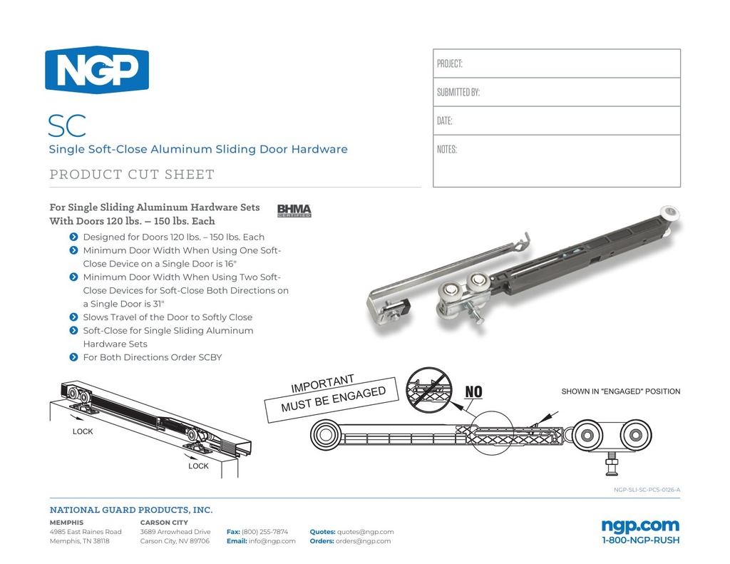 NGP SC Soft-Close for Single Sliding Doors 120-150 lb | National Guard