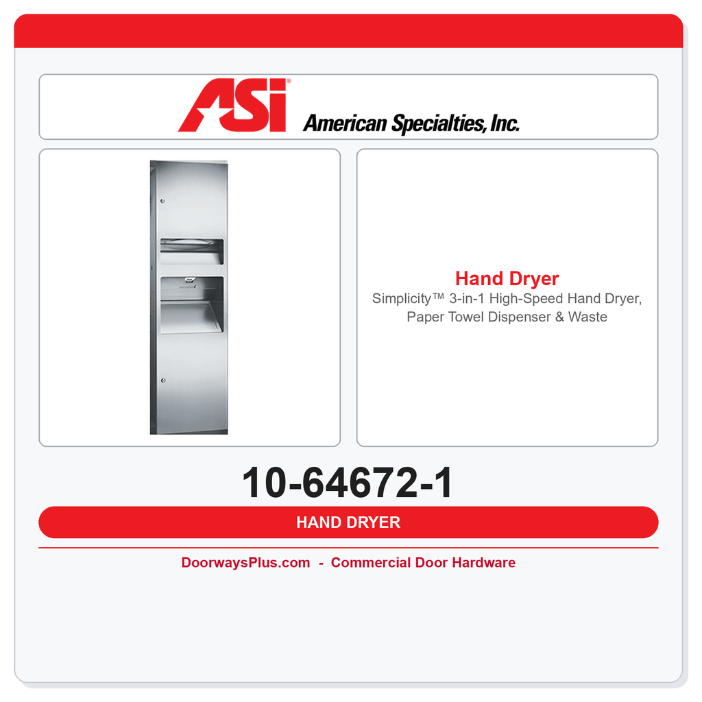 ASI 10-64672-1 Simplicity™ 3-in-1 High-Speed Hand Dryer, Paper Towel Dispenser & Waste Receptacle – 110-120V, C-Fold/Multi, 6.8 gal, Recessed