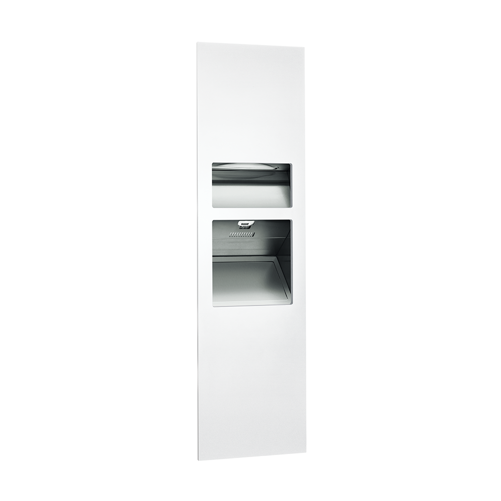 ASI 10-64672-1-00 Piatto™ - Fully Recessed 3-in-1 Paper Disp. & Waste Receptacle + High- Speed Hand Dryer - (110-120V) - White Phenolic Door