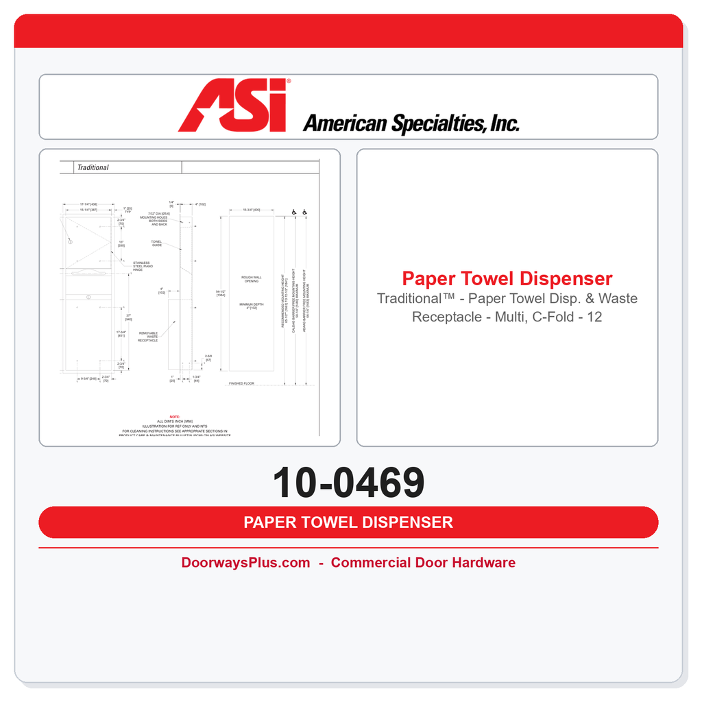 ASI 10-0469 Traditional™ - Paper Towel Disp. & Waste Receptacle - Multi, C-Fold - 12 gal. Recessed