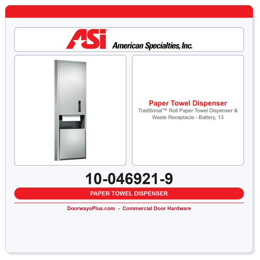 ASI 10-046921-9 Traditional™ Roll Paper Towel Dispenser & Waste Receptacle – Battery, 13.3 gal. Surface Mounted