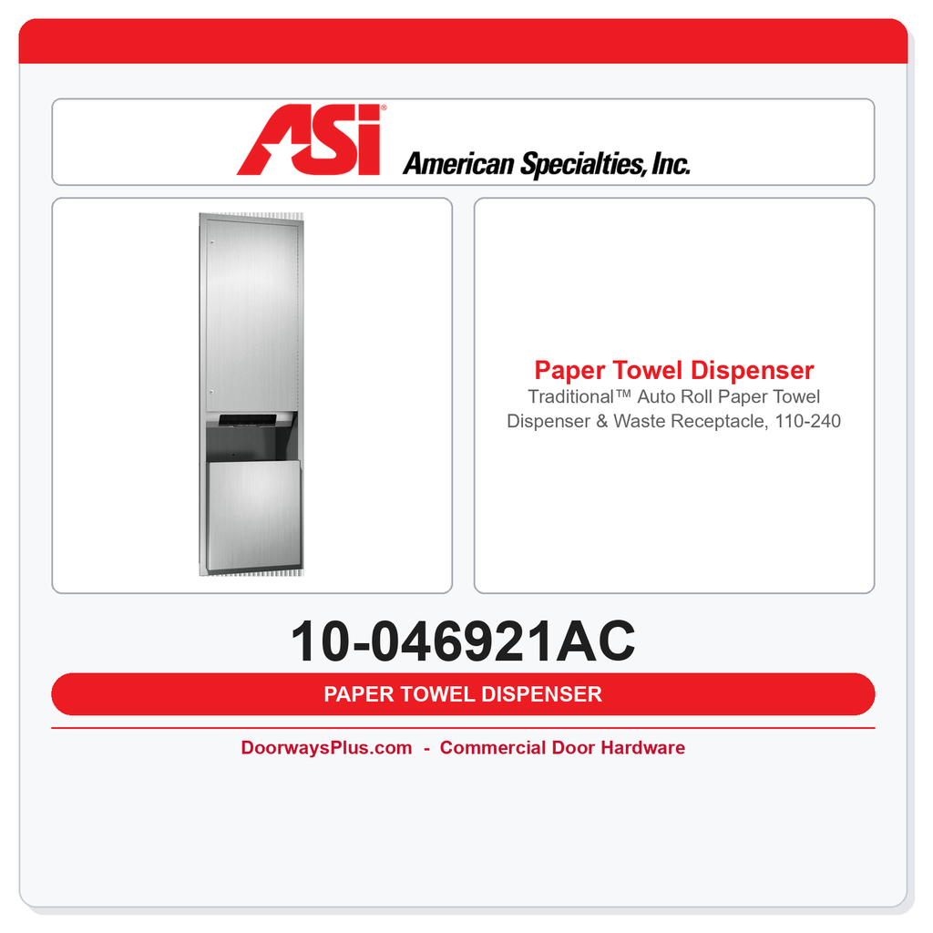 ASI 10-046921AC Traditional™ Auto Roll Paper Towel Dispenser & Waste Receptacle, 110-240V Recessed 12 gal.