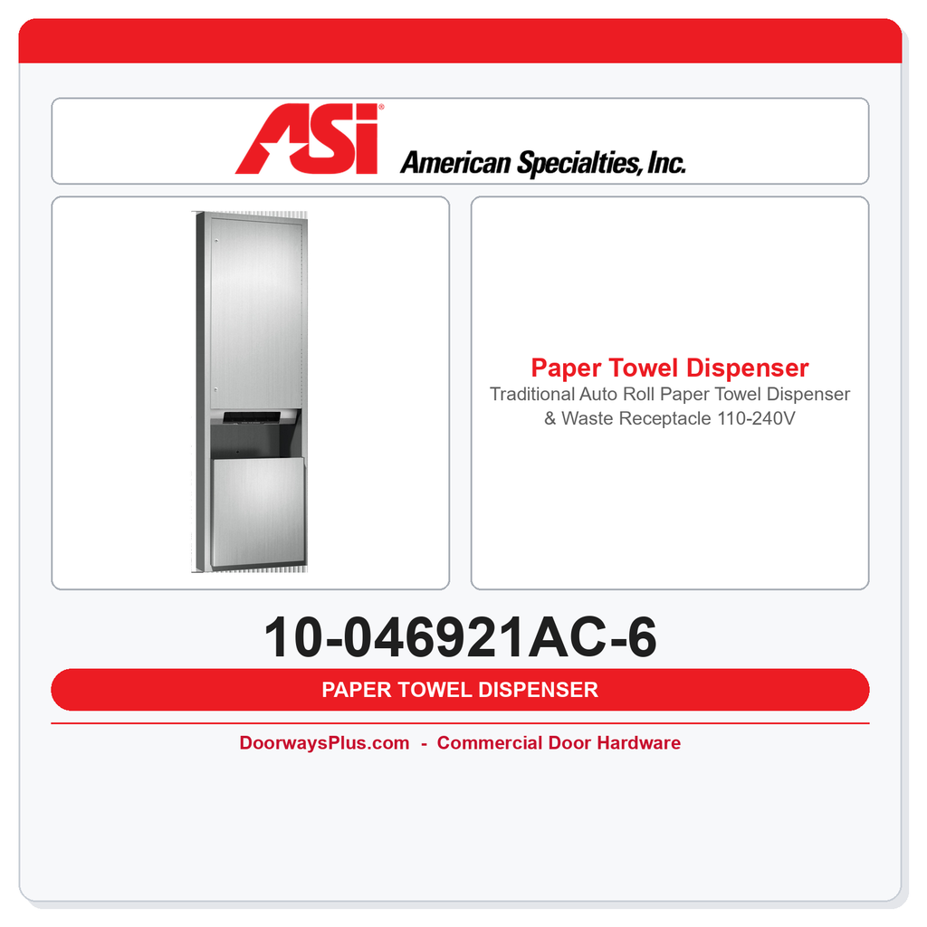 ASI 10-046921AC-6 Traditional Auto Roll Paper Towel Dispenser & Waste Receptacle 110-240V 12 Gal Semi-Recessed