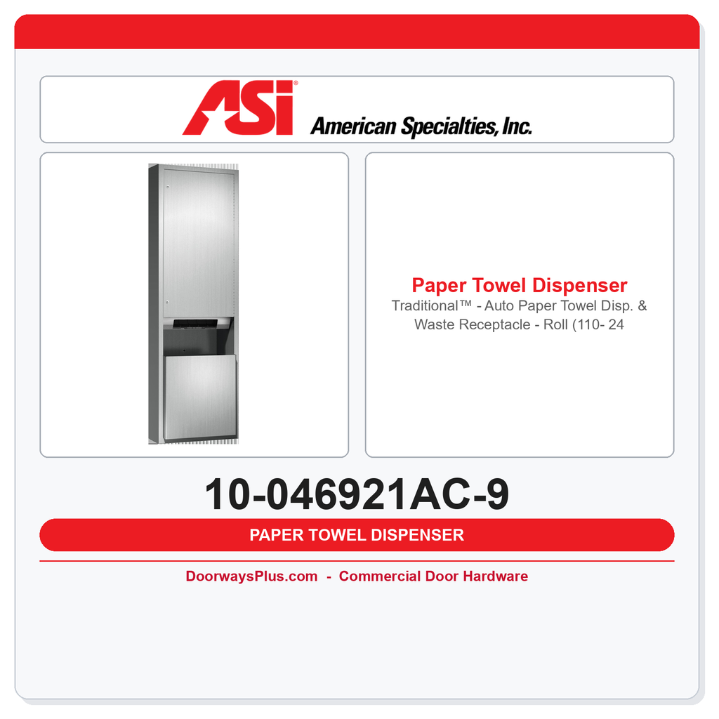 ASI 10-046921AC-9 Traditional™ Auto Roll Paper Towel Dispenser & Waste Receptacle – 12 gal. Surface Mounted 110-240V