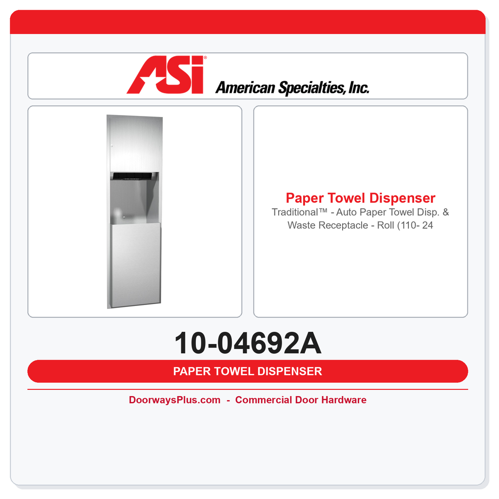 ASI 10-04692A Traditional™ Auto Roll Paper Towel Dispenser & Waste Receptacle – 17 Gal. Recessed (110-240V)