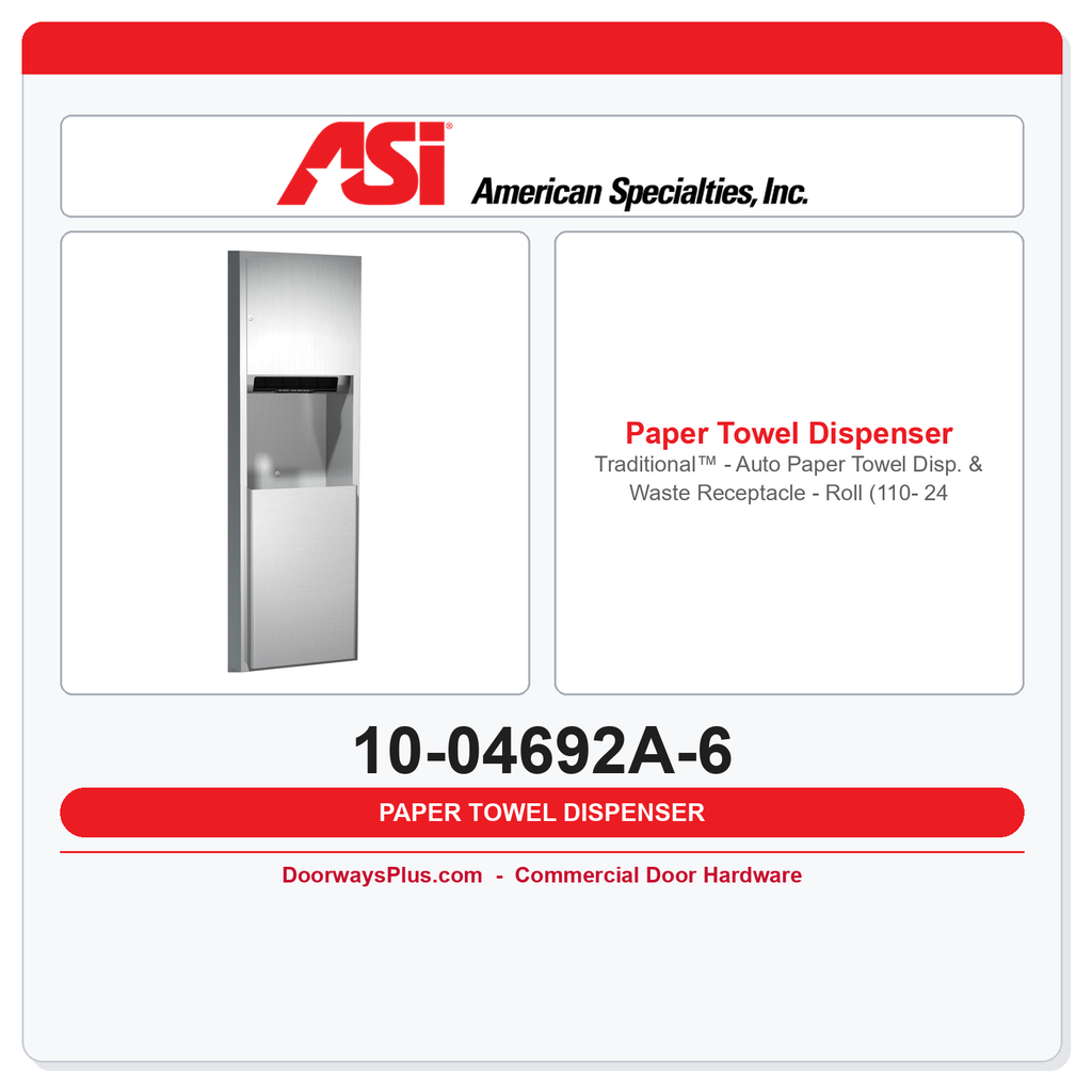 ASI 10-04692A-6 Traditional™ Auto Roll Paper Towel Dispenser & Waste Receptacle – 17 Gal. Semi-Recessed, Battery
