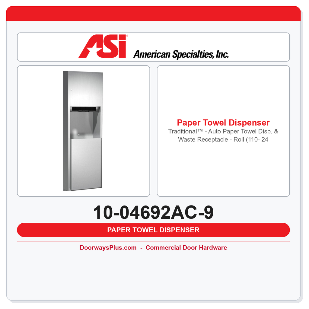 ASI 10-04692AC-9 Traditional™ Auto Roll Paper Towel Dispenser & Waste Receptacle – 110-240V, 17 Gal., Surface Mounted