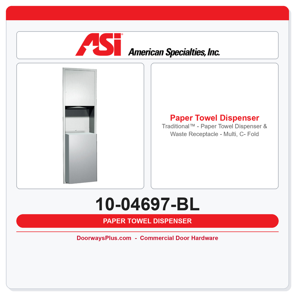 ASI 10-04697-BL Traditional™ Recessed Paper Towel Dispenser & Waste Receptacle – Multi/C-Fold, 18 Gal.