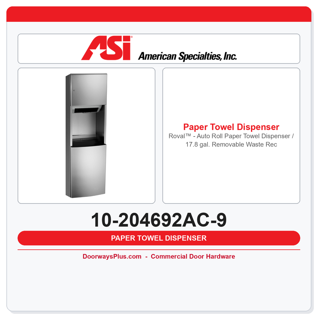 ASI 10-204692AC-9 Roval™ Auto Roll Paper Towel Dispenser & 17.8 Gal. Waste Receptacle – 110-240V Surface Mounted