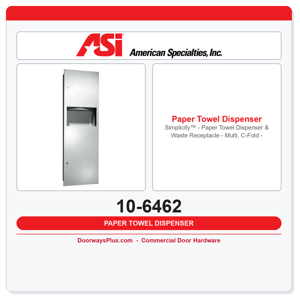 ASI 10-6462 Simplicity™ Recessed Paper Towel Dispenser & Waste Receptacle – Multi/C-Fold, 9 Gal.