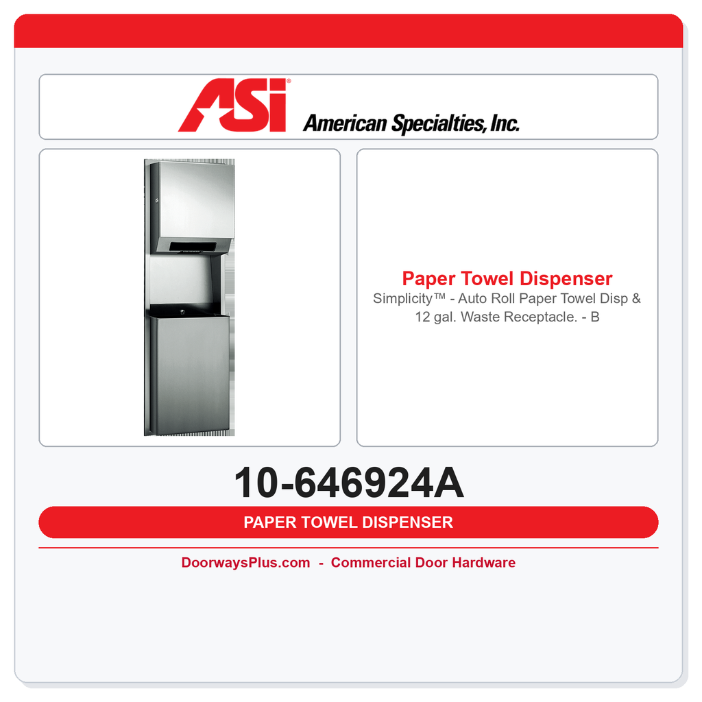 ASI 10-646924A Simplicity™ - Auto Roll Paper Towel Disp & 12 gal. Waste Receptacle. - Battery - Recessed