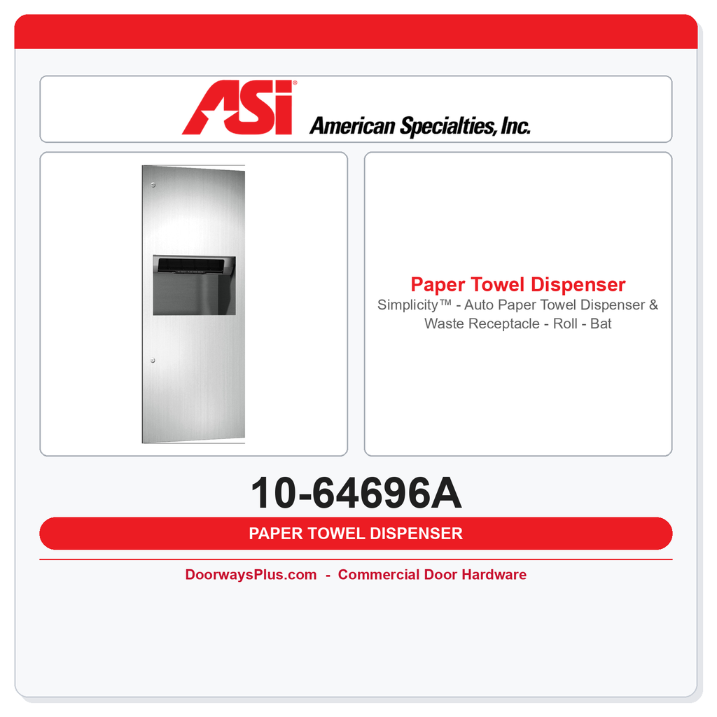ASI 10-64696A Simplicity™ - Auto Paper Towel Dispenser & Waste Receptacle - Roll - Battery - 9.9 gal. - Recessed