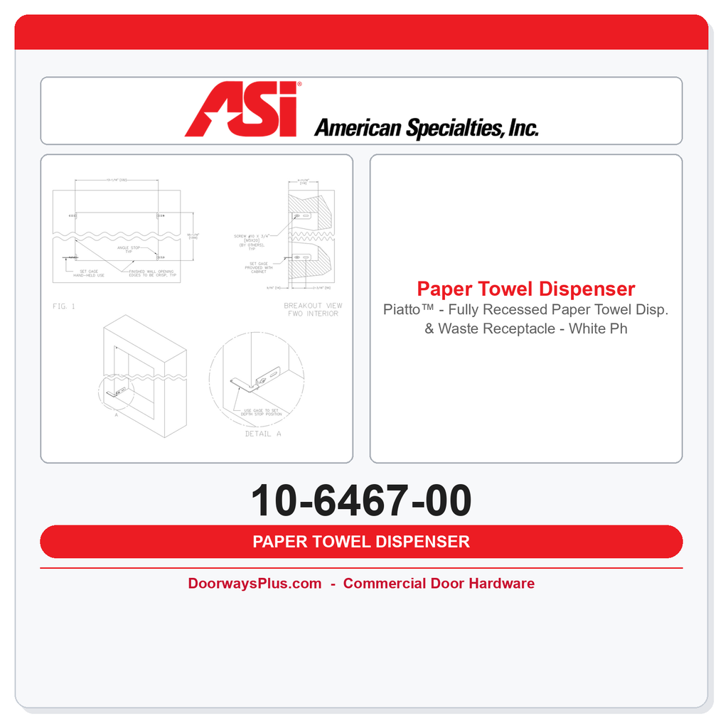 ASI 10-6467-00 Piatto Fully Recessed Paper Towel Dispenser & Waste Receptacle – White Phenolic Door