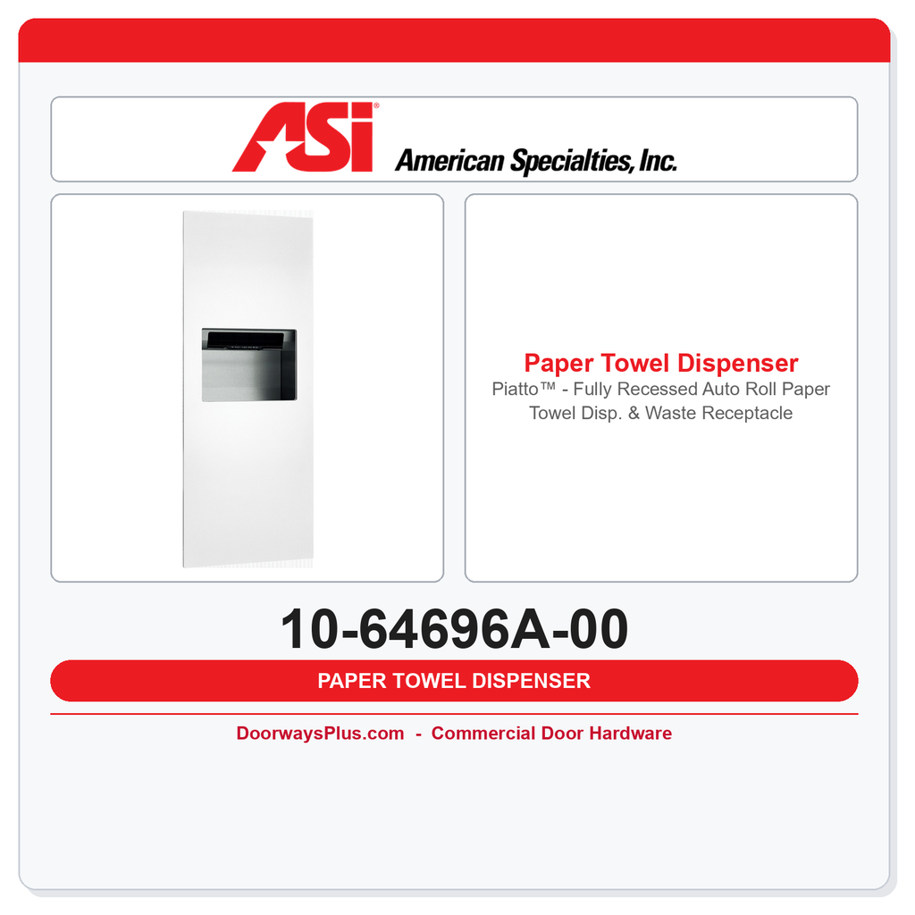 ASI 10-64696A-00 Piatto™ - Fully Recessed Auto Roll Paper Towel Disp. & Waste Receptacle - Battery - White Phenolic Door