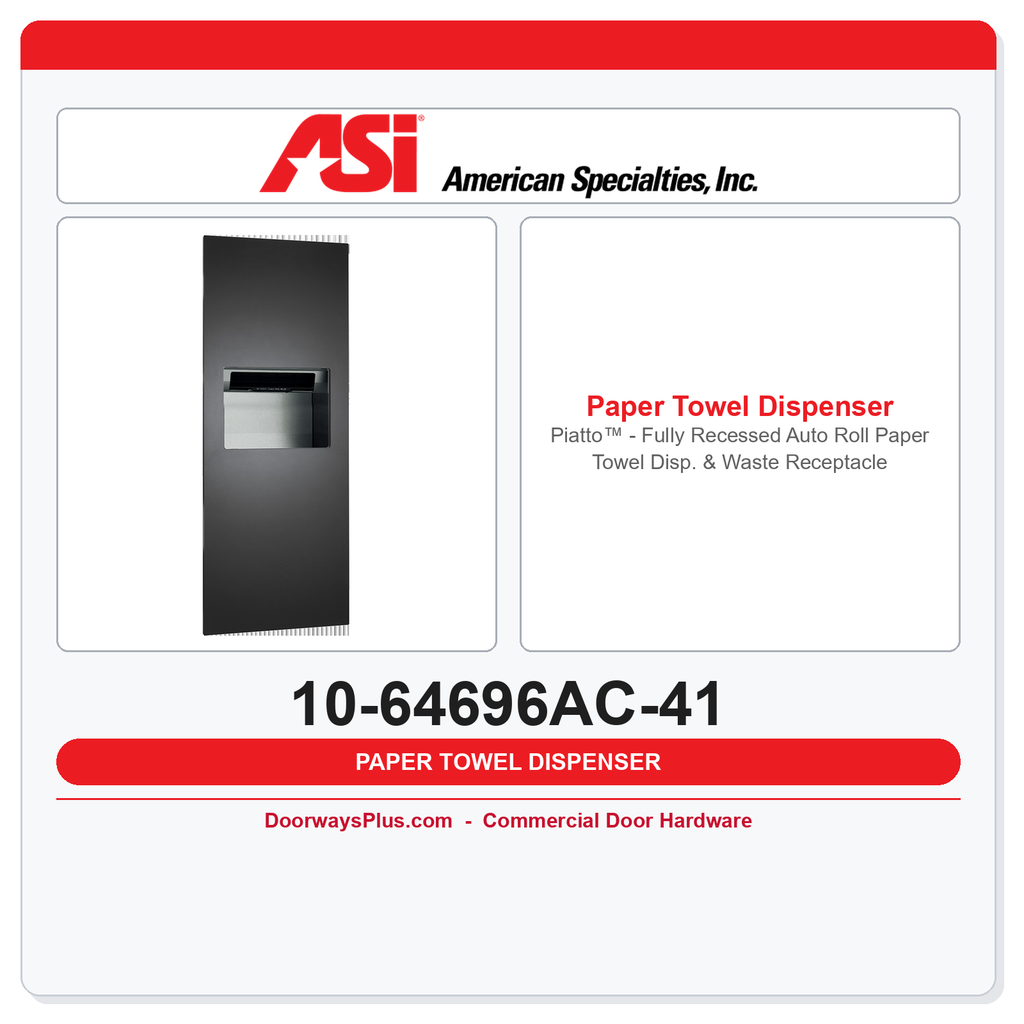 ASI 10-64696AC-41 Piatto™ - Fully Recessed Auto Roll Paper Towel Disp. & Waste Receptacle - Battery - Matte Black Phenolic Door