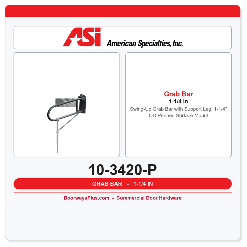 ASI 10-3420-P Swing-Up Grab Bar with Support Leg, 1-1/4" OD Peened Surface Mount