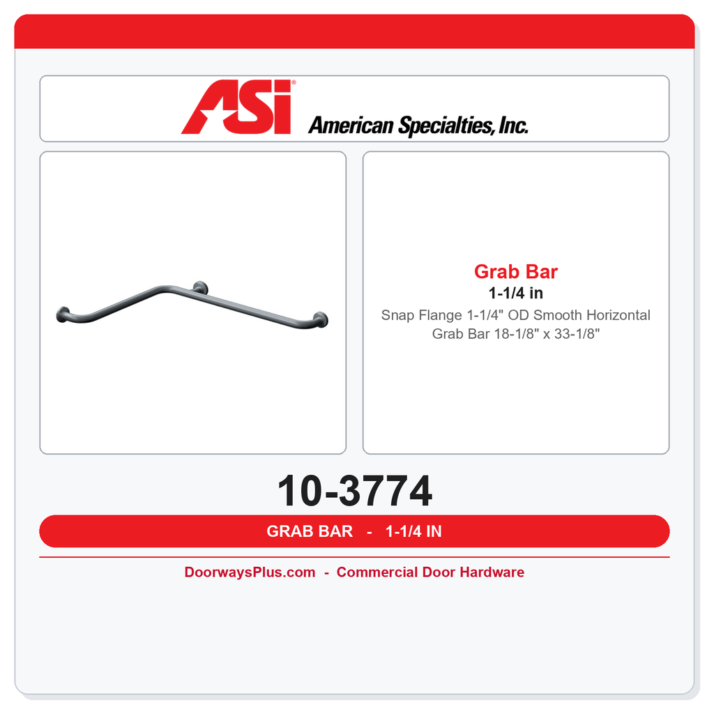 ASI 10-3774 Snap Flange 1-1/4" OD Smooth Horizontal Grab Bar 18-1/8" x 33-1/8"