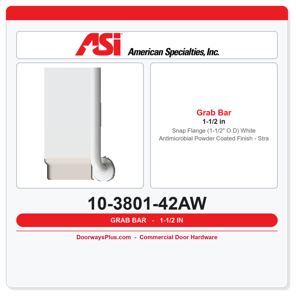 ASI 10-3801-42AW Snap Flange (1-1/2" O.D) White Antimicrobial Powder Coated Finish - Straight Grab Bar, 42”