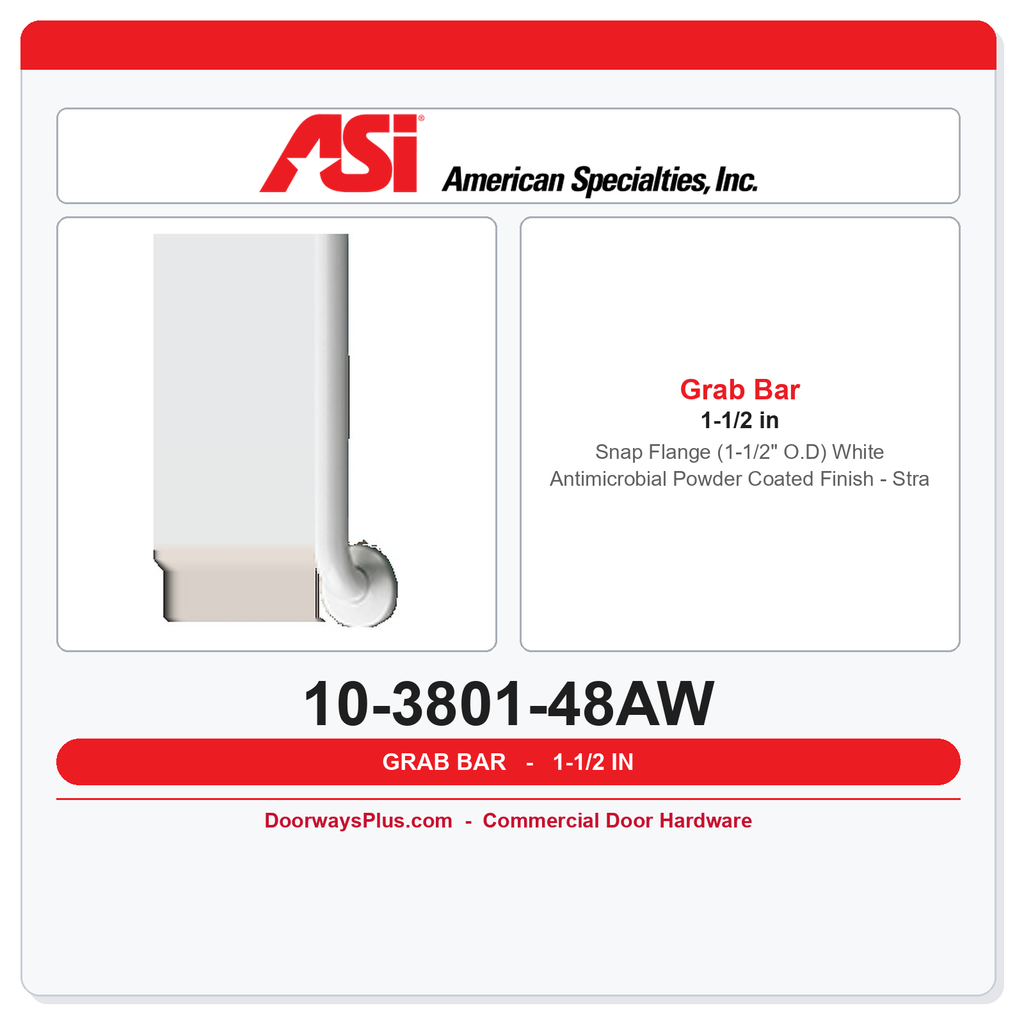 ASI 10-3801-48AW Snap Flange (1-1/2" O.D) White Antimicrobial Powder Coated Finish - Straight Grab Bar, 48”