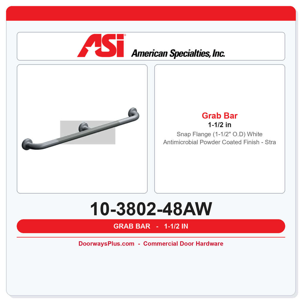 ASI 10-3802-48AW Snap Flange (1-1/2" O.D) White Antimicrobial Powder Coated Finish - Straight Grab Bar w/ Intermediate Support, 48”