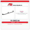 ASI 10-3802-54 Snap Flange (1-1/2" O.D) Smooth - Straight Grab Bar w/ Intermediate Support, 54”