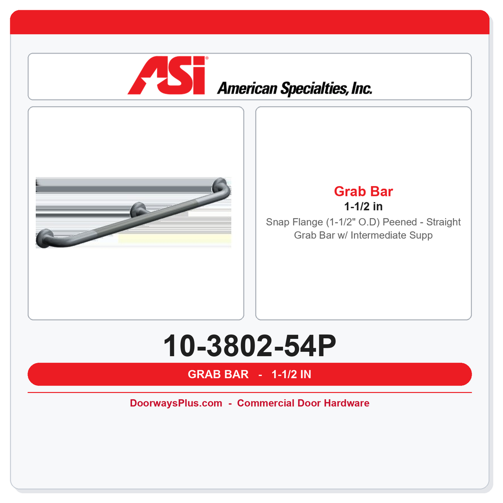 ASI 10-3802-54P Snap Flange (1-1/2" O.D) Peened - Straight Grab Bar w/ Intermediate Support, 54”