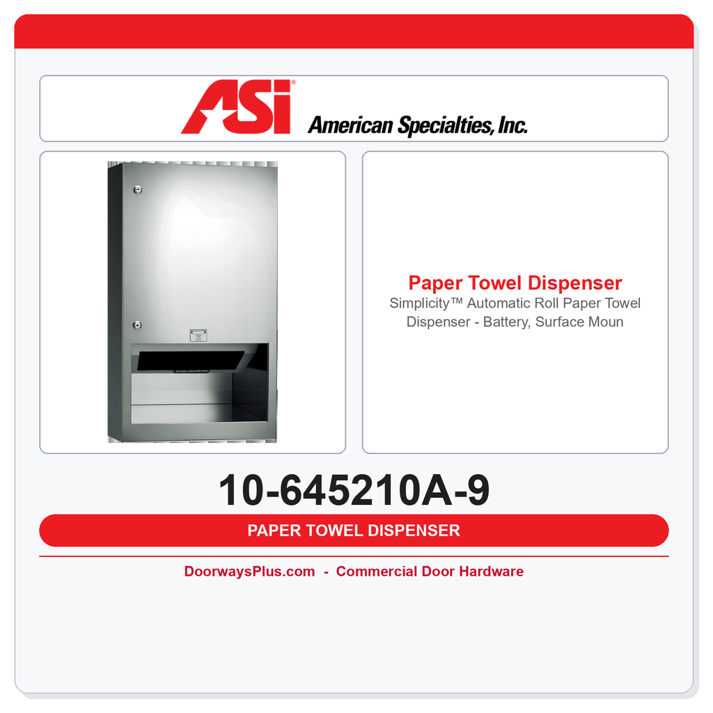 ASI 10-645210A-9 Simplicity™ Automatic Roll Paper Towel Dispenser – Battery, Surface Mounted
