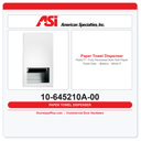 ASI 10-645210A-00 Piatto™ - Fully Recessed Auto Roll Paper Towel Disp. - Battery - White Phenolic Door
