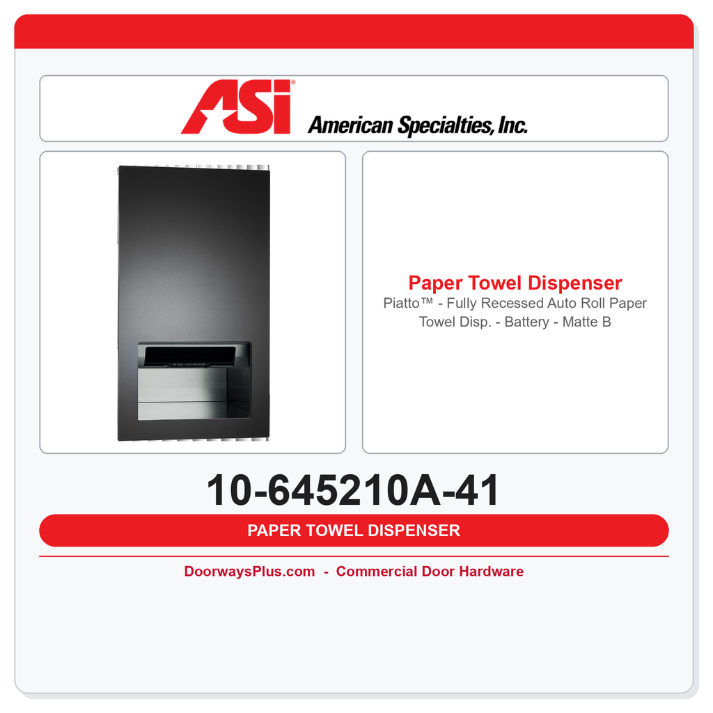 ASI 10-645210A-41 Piatto™ - Fully Recessed Auto Roll Paper Towel Disp. - Battery - Matte Black Phenolic Door