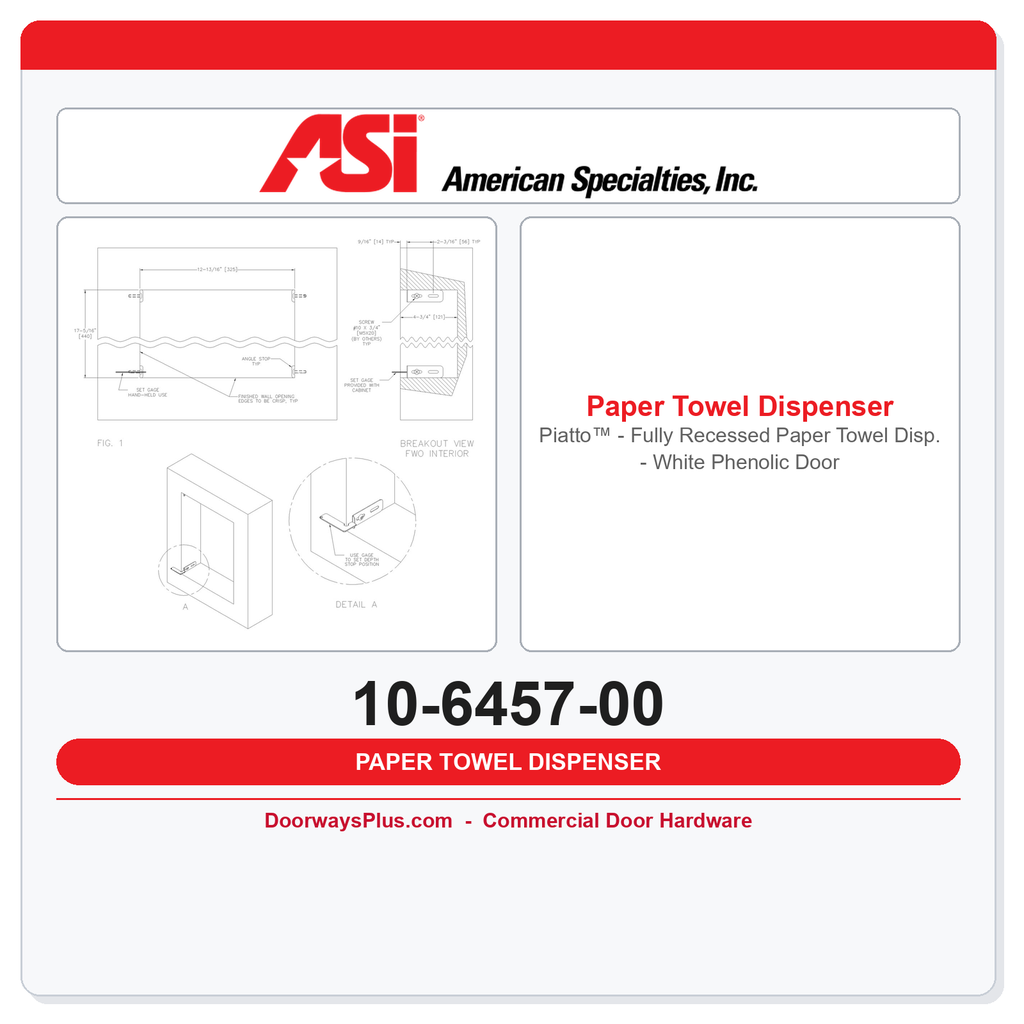ASI 10-6457-00 Piatto™ - Fully Recessed Paper Towel Disp. - White Phenolic Door