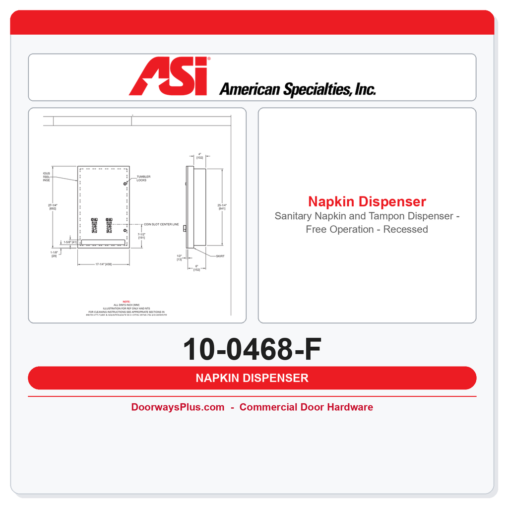 ASI 10-0468-F Sanitary Napkin and Tampon Dispenser - Free Operation - Recessed