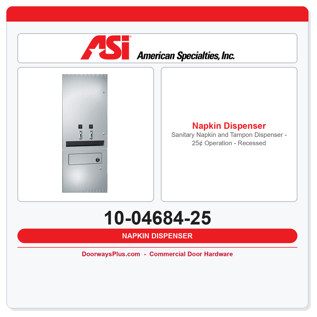 ASI 10-04684-25 Sanitary Napkin and Tampon Dispenser - 25¢ Operation - Recessed