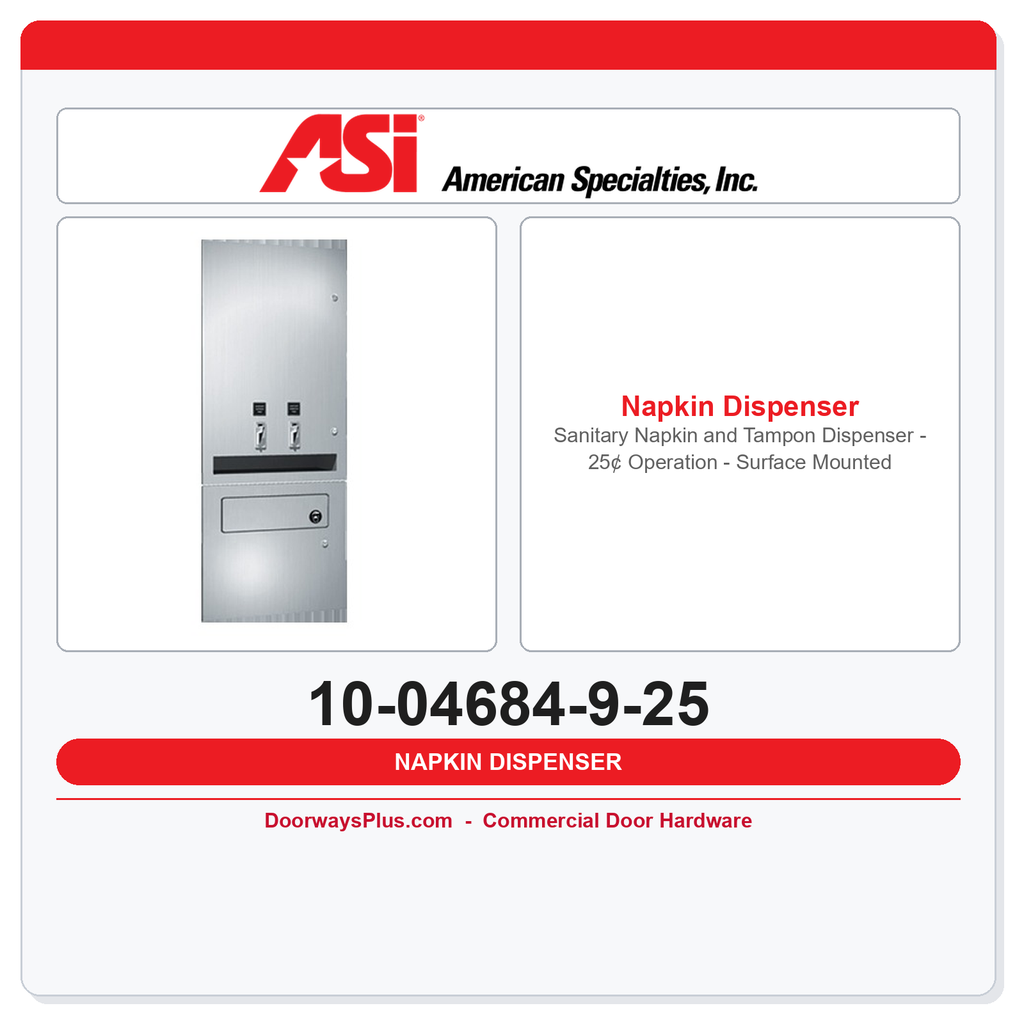 ASI 10-04684-9-25 Sanitary Napkin and Tampon Dispenser - 25¢ Operation - Surface Mounted