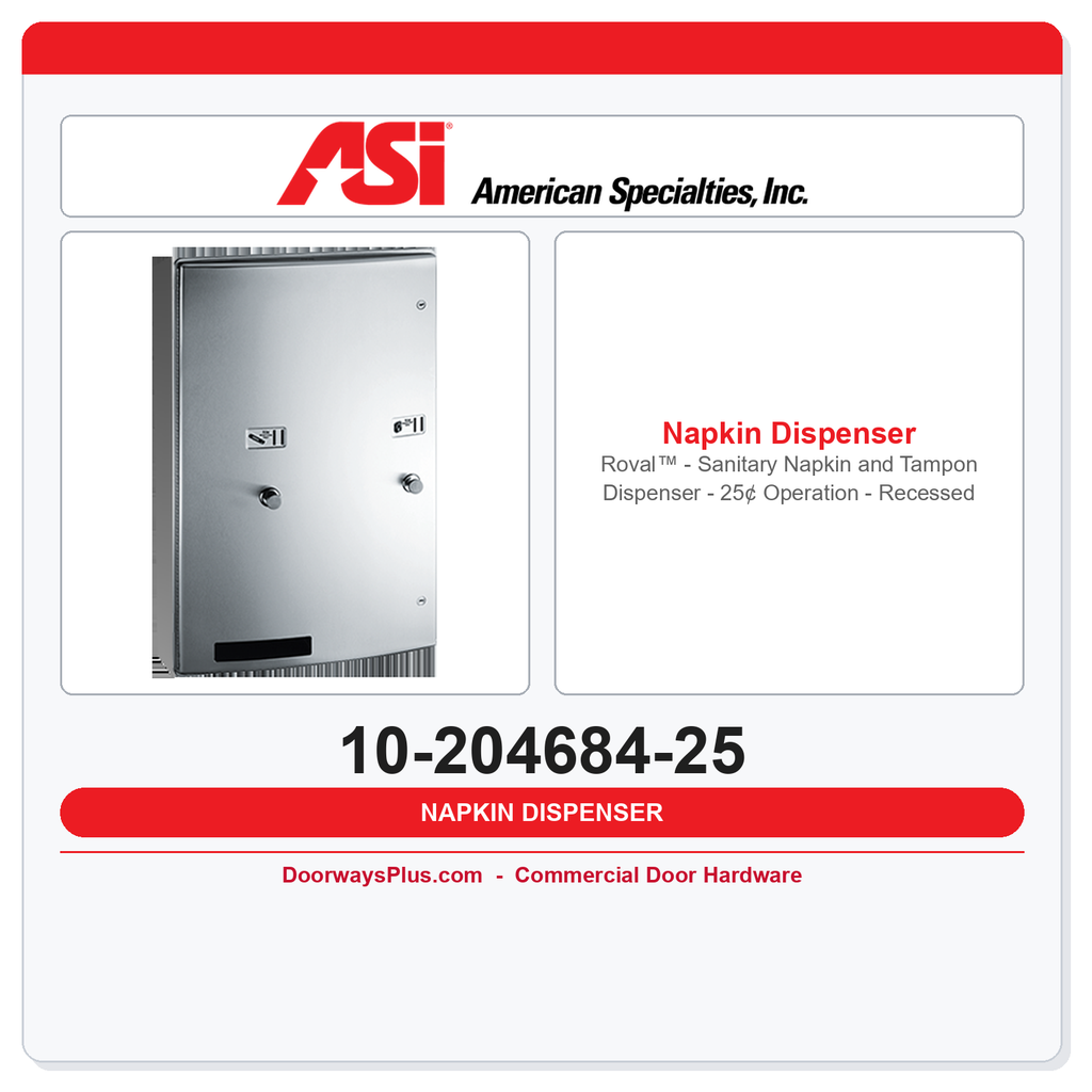 ASI 10-204684-25 Roval™ - Sanitary Napkin and Tampon Dispenser - 25¢ Operation - Recessed
