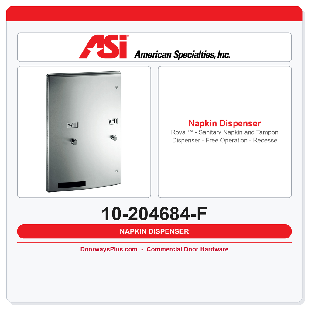 ASI 10-204684-F Roval™ - Sanitary Napkin and Tampon Dispenser - Free Operation - Recessed