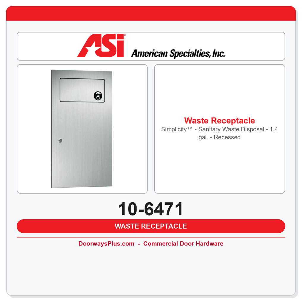 ASI 10-6471 Simplicity™ - Sanitary Waste Disposal - 1.4 gal. - Recessed