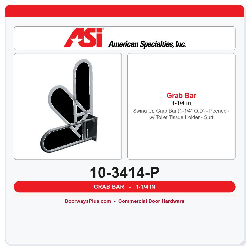 ASI 10-3414-P Swing-Up Grab Bar Peened 1-1/4" OD w/ Toilet Tissue Holder Surface Mounted