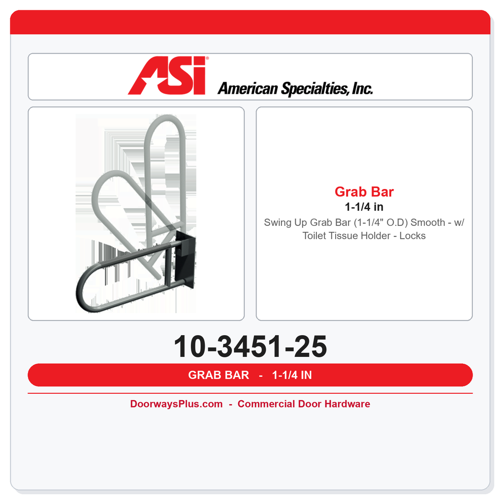ASI 10-3451-25 Swing Up Grab Bar (1-1/4" O.D) Smooth - w/ Toilet Tissue Holder - Locks - Surface Mounted
