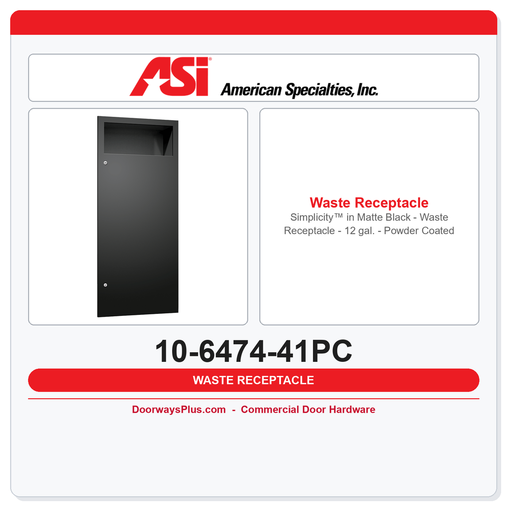 ASI 10-6474-41PC Simplicity™ in Matte Black - Waste Receptacle - 12 gal. - Powder Coated - Recessed - NEW