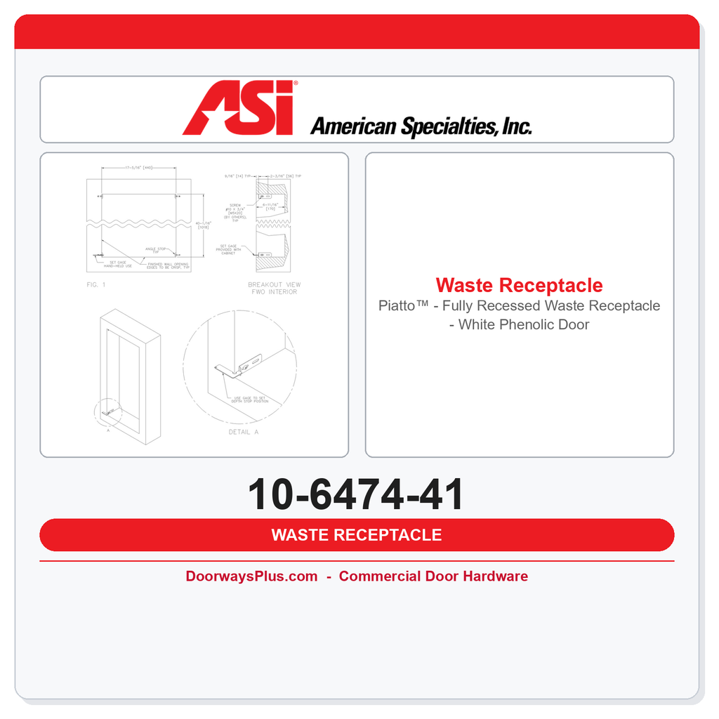 ASI 10-6474-41 Piatto™ - Fully Recessed Waste Receptacle - White Phenolic Door