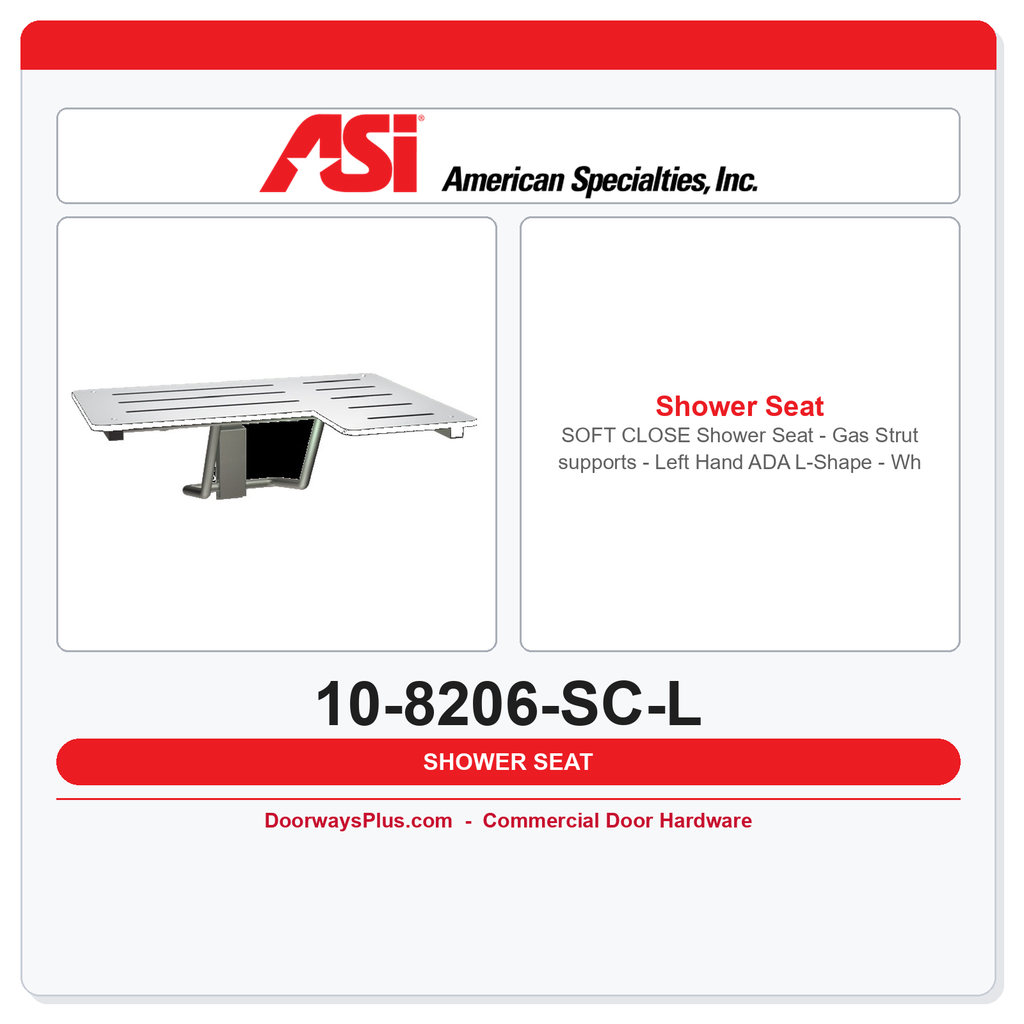 ASI 10-8206-SC-L SOFT CLOSE Shower Seat - Gas Strut supports - Left Hand ADA L-Shape - White Solid Phenoic