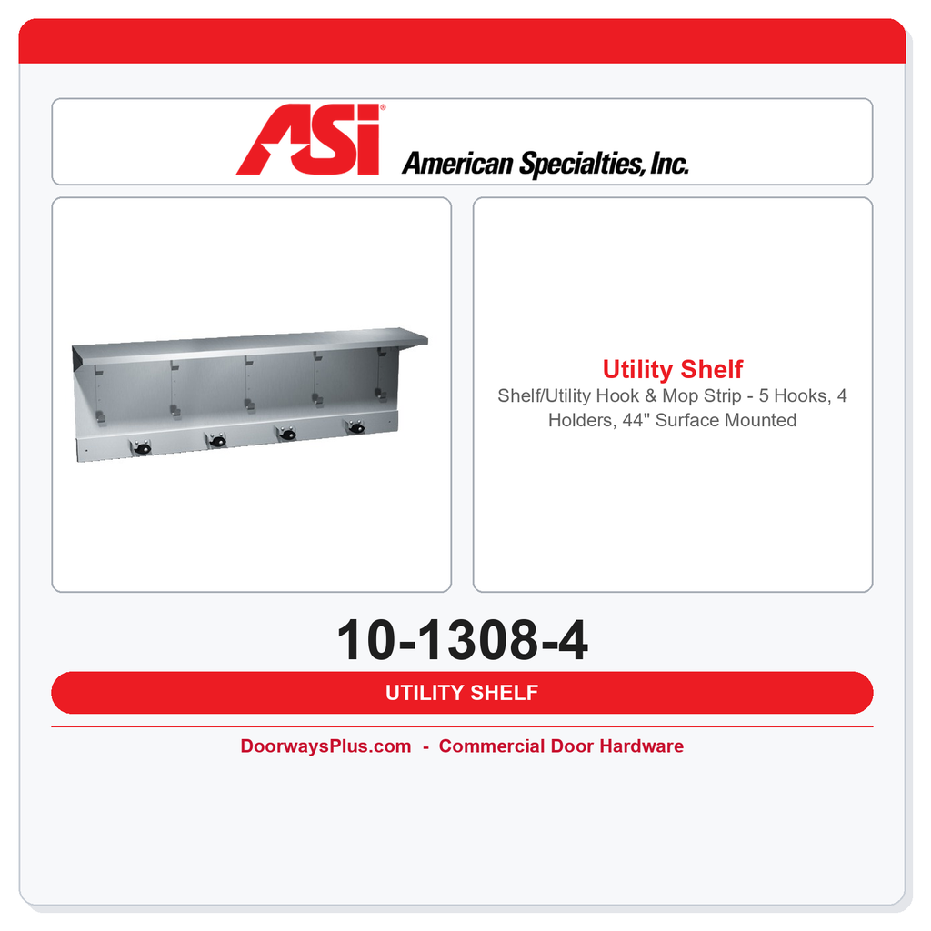 ASI 10-1308-4 Shelf/Utility Hook & Mop Strip – 5 Hooks, 4 Holders, 44" Surface Mounted