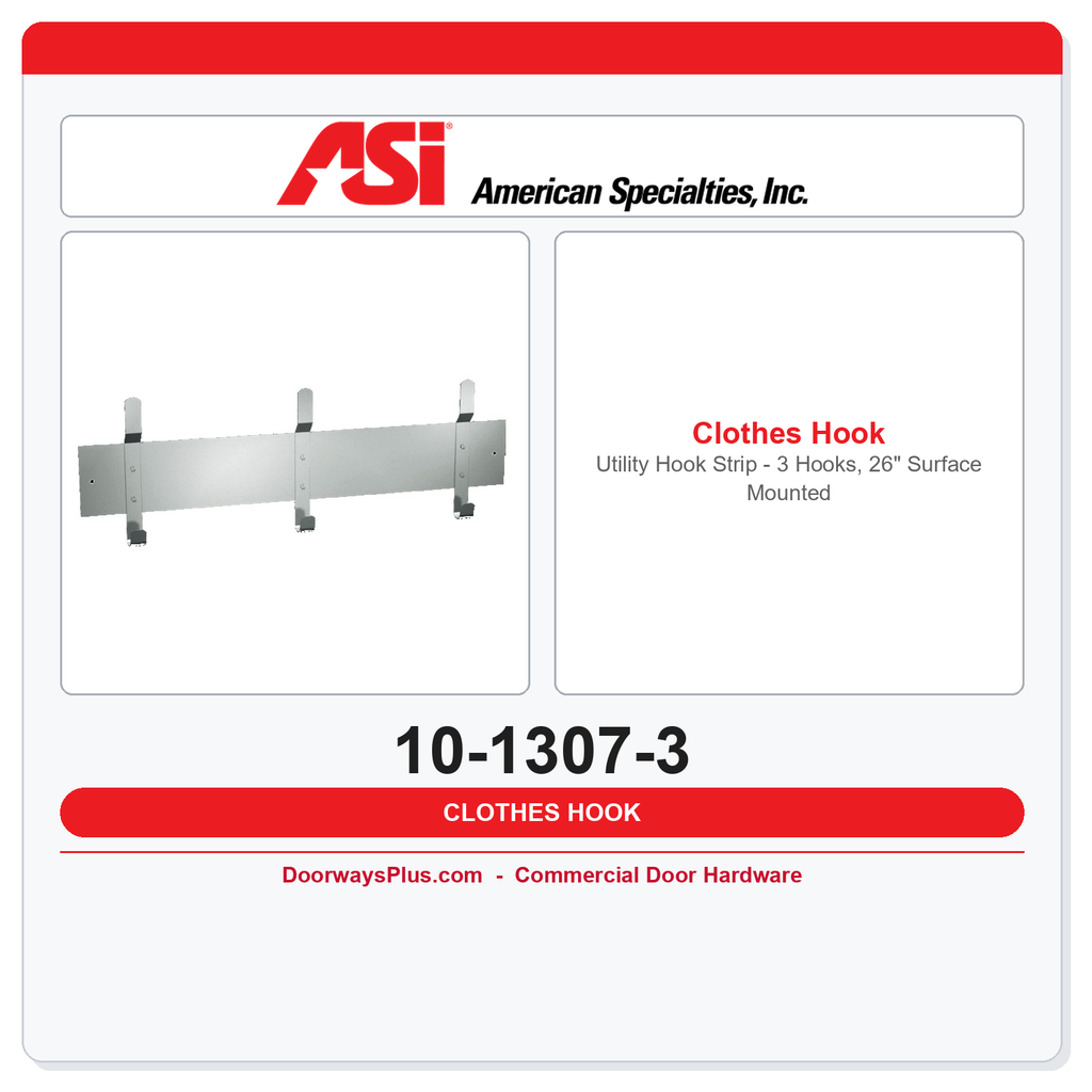 ASI 10-1307-3 Utility Hook Strip – 3 Hooks, 26" Surface Mounted