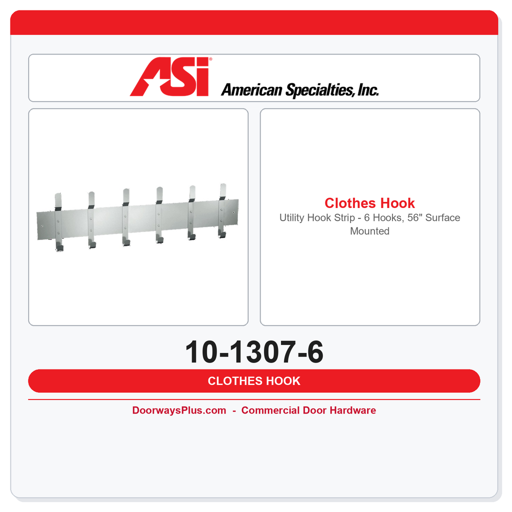 ASI 10-1307-6 Utility Hook Strip – 6 Hooks, 56" Surface Mounted